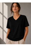 Kadın V Yaka Basic Tişört Kısa Kol Yazlık Regular Fit T-shirt - Siyah