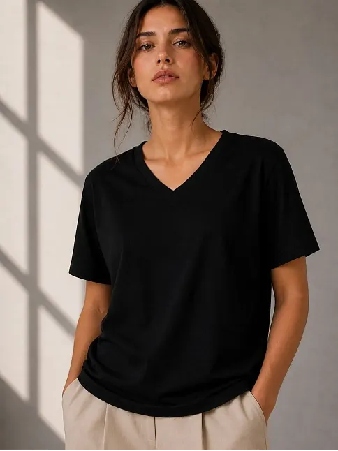Kadın V Yaka Basic Tişört Kısa Kol Yazlık Regular Fit T-shirt - Siyah