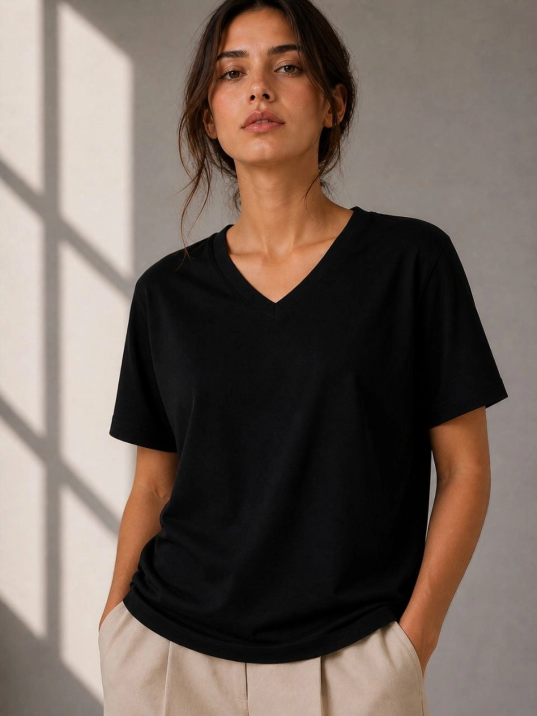 Kadın V Yaka Basic Tişört Kısa Kol Yazlık Regular Fit T-shirt - Siyah