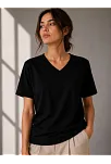 Kadın V Yaka Basic Tişört Kısa Kol Yazlık Regular Fit T-shirt - Siyah
