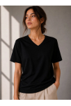 Kadın V Yaka Basic Tişört Kısa Kol Yazlık Regular Fit T-shirt - Siyah