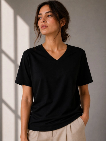 Kadın V Yaka Basic Tişört Kısa Kol Yazlık Regular Fit T-shirt - Siyah