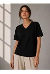 Kadın V Yaka Basic Tişört Kısa Kol Yazlık Regular Fit T-shirt - Siyah