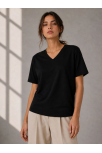 Kadın V Yaka Basic Tişört Kısa Kol Yazlık Regular Fit T-shirt - Siyah