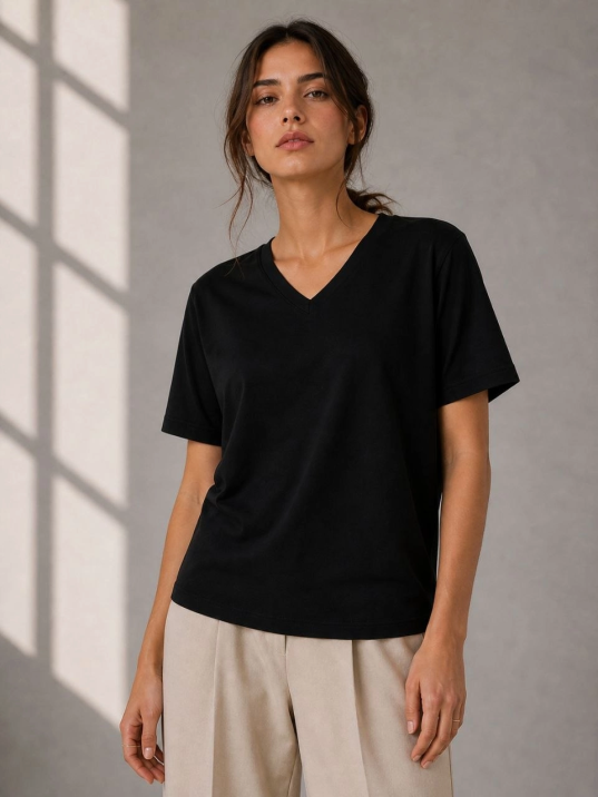 Kadın V Yaka Basic Tişört Kısa Kol Yazlık Regular Fit T-shirt - Siyah