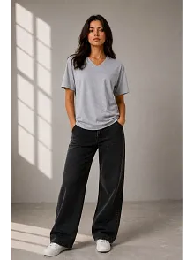Kadın V Yaka Basic Tişört Kısa Kol Yazlık Regular Fit T-shirt - Gri