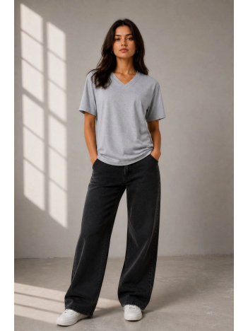 Kadın V Yaka Basic Tişört Kısa Kol Yazlık Regular Fit T-shirt - Gri