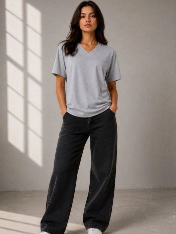 Kadın V Yaka Basic Tişört Kısa Kol Yazlık Regular Fit T-shirt - Gri