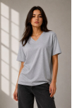 Kadın V Yaka Basic Tişört Kısa Kol Yazlık Regular Fit T-shirt - Gri