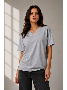 Kadın V Yaka Basic Tişört Kısa Kol Yazlık Regular Fit T-shirt - Gri