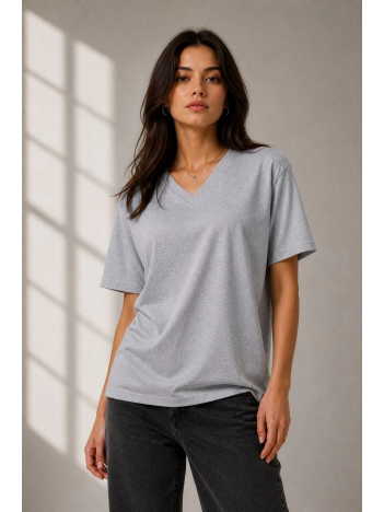 Kadın V Yaka Basic Tişört Kısa Kol Yazlık Regular Fit T-shirt - Gri
