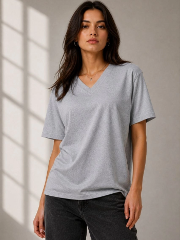 Kadın V Yaka Basic Tişört Kısa Kol Yazlık Regular Fit T-shirt - Gri