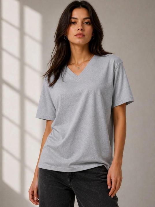 Kadın V Yaka Basic Tişört Kısa Kol Yazlık Regular Fit T-shirt - Gri
