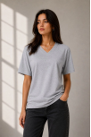 Kadın V Yaka Basic Tişört Kısa Kol Yazlık Regular Fit T-shirt - Gri