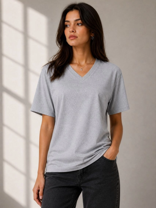 Kadın V Yaka Basic Tişört Kısa Kol Yazlık Regular Fit T-shirt - Gri