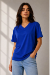 Kadın V Yaka Basic Tişört Kısa Kol Yazlık Regular Fit T-shirt - Saks Mavisi