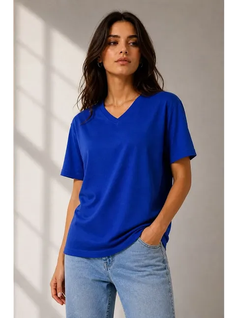 Kadın V Yaka Basic Tişört Kısa Kol Yazlık Regular Fit T-shirt - Saks Mavisi
