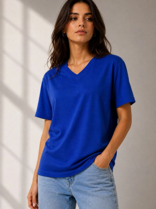 Kadın V Yaka Basic Tişört Kısa Kol Yazlık Regular Fit T-shirt - Saks Mavisi