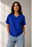 Kadın V Yaka Basic Tişört Kısa Kol Yazlık Regular Fit T-shirt - Saks Mavisi