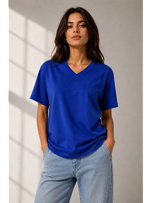 Kadın V Yaka Basic Tişört Kısa Kol Yazlık Regular Fit T-shirt - Saks Mavisi