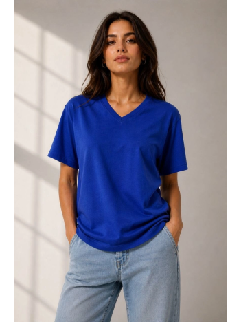 Kadın V Yaka Basic Tişört Kısa Kol Yazlık Regular Fit T-shirt - Saks Mavisi