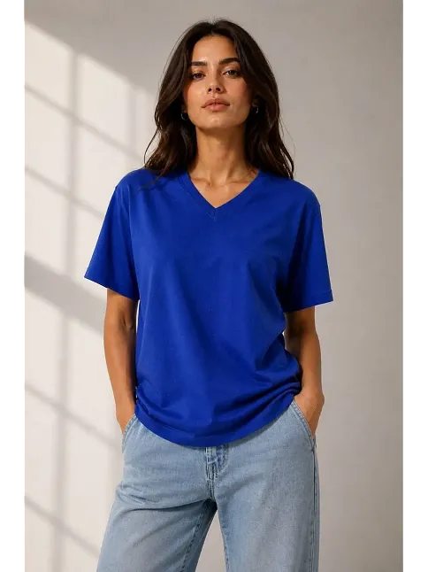 Kadın V Yaka Basic Tişört Kısa Kol Yazlık Regular Fit T-shirt - Saks Mavisi