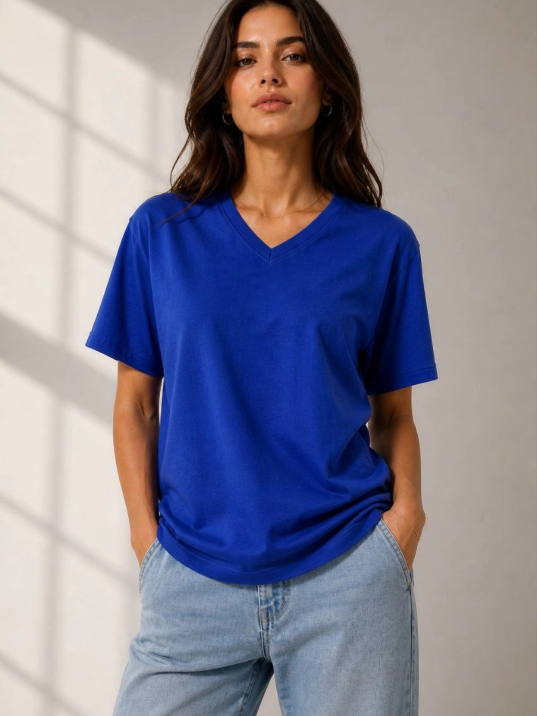 Kadın V Yaka Basic Tişört Kısa Kol Yazlık Regular Fit T-shirt - Saks Mavisi