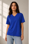 Kadın V Yaka Basic Tişört Kısa Kol Yazlık Regular Fit T-shirt - Saks Mavisi