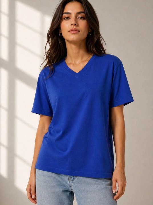 Kadın V Yaka Basic Tişört Kısa Kol Yazlık Regular Fit T-shirt - Saks Mavisi