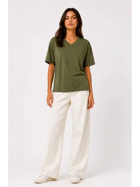 Kadın V Yaka Basic Tişört Kısa Kol Yazlık Regular Fit T-shirt - Haki Kadın V Yaka Basic Tişört Kısa Kol Yazlık Regular Fit T-shirt - Haki