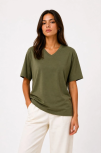 Kadın V Yaka Basic Tişört Kısa Kol Yazlık Regular Fit T-shirt - Haki