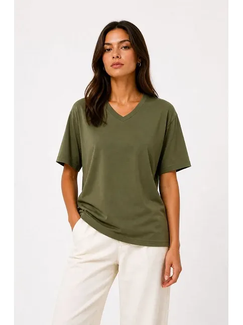 Kadın V Yaka Basic Tişört Kısa Kol Yazlık Regular Fit T-shirt - Haki Kadın V Yaka Basic Tişört Kısa Kol Yazlık Regular Fit T-shirt - Haki