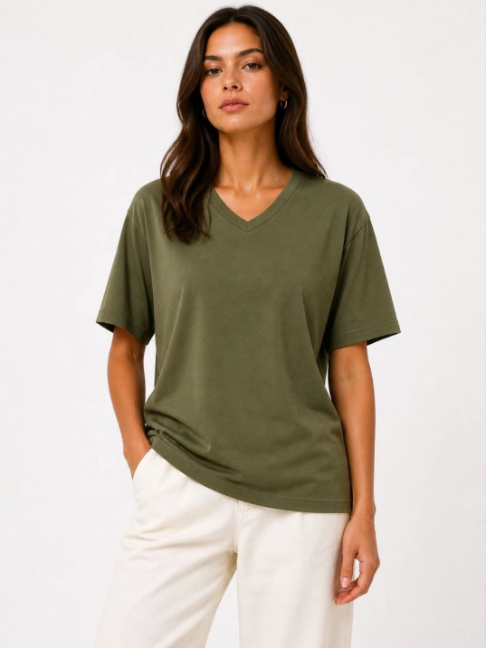 Kadın V Yaka Basic Tişört Kısa Kol Yazlık Regular Fit T-shirt - Haki