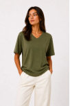 Kadın V Yaka Basic Tişört Kısa Kol Yazlık Regular Fit T-shirt - Haki