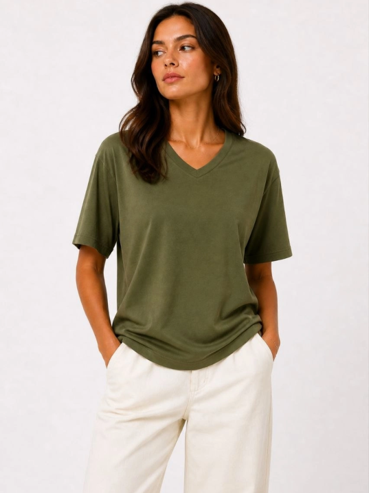 Kadın V Yaka Basic Tişört Kısa Kol Yazlık Regular Fit T-shirt - Haki