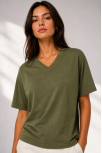 Kadın V Yaka Basic Tişört Kısa Kol Yazlık Regular Fit T-shirt - Haki