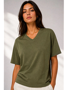 Kadın V Yaka Basic Tişört Kısa Kol Yazlık Regular Fit T-shirt - Haki