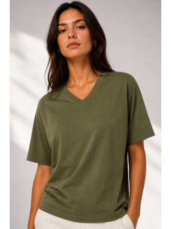 Kadın V Yaka Basic Tişört Kısa Kol Yazlık Regular Fit T-shirt - Haki