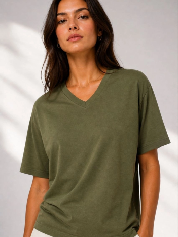 Kadın V Yaka Basic Tişört Kısa Kol Yazlık Regular Fit T-shirt - Haki