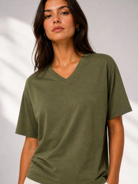 Kadın V Yaka Basic Tişört Kısa Kol Yazlık Regular Fit T-shirt - Haki
