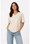 Kadın V Yaka Basic Tişört Kısa Kol Yazlık Regular Fit T-shirt - Bej