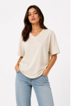 Kadın V Yaka Basic Tişört Kısa Kol Yazlık Regular Fit T-shirt - Bej
