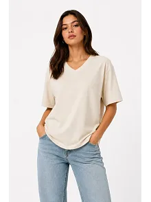 Kadın V Yaka Basic Tişört Kısa Kol Yazlık Regular Fit T-shirt - Bej