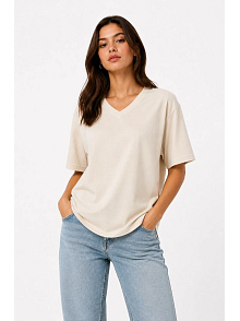 Kadın V Yaka Basic Tişört Kısa Kol Yazlık Regular Fit T-shirt - Bej