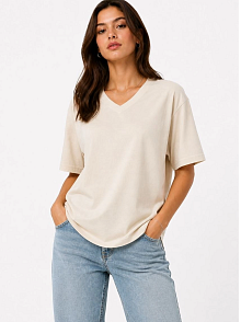Kadın V Yaka Basic Tişört Kısa Kol Yazlık Regular Fit T-shirt - Bej