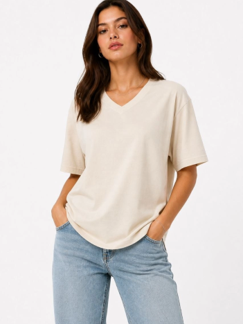 Kadın V Yaka Basic Tişört Kısa Kol Yazlık Regular Fit T-shirt - Bej