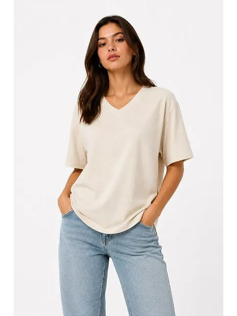 Kadın V Yaka Basic Tişört Kısa Kol Yazlık Regular Fit T-shirt - Bej