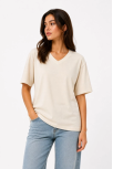 Kadın V Yaka Basic Tişört Kısa Kol Yazlık Regular Fit T-shirt - Bej