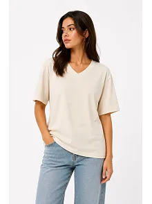 Kadın V Yaka Basic Tişört Kısa Kol Yazlık Regular Fit T-shirt - Bej