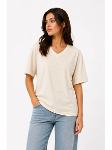Kadın V Yaka Basic Tişört Kısa Kol Yazlık Regular Fit T-shirt - Bej